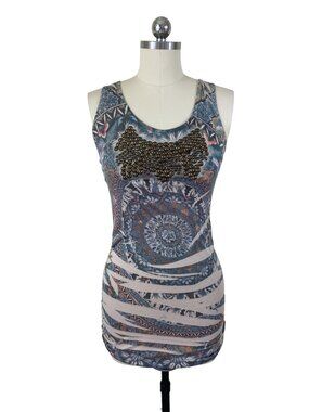 Arden B. Y2K Embellished Tunic Top Womens Small Sleeveless Ruched Tribal Mandala